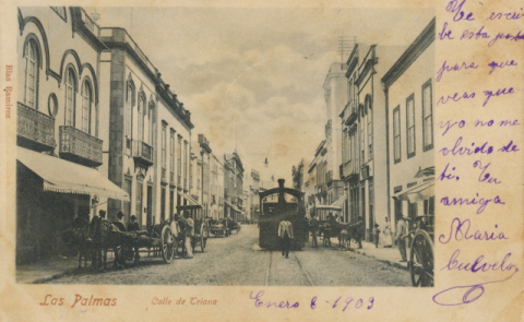 CALLE TRIANA, TRANVÍA A VAPOR Y TARTANA