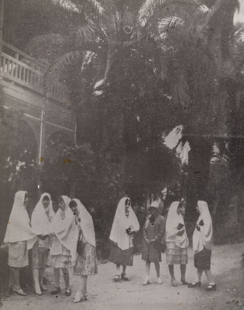 GRUPO DE CHICAS CON MANTILLA PASEANDO EN PARQUE